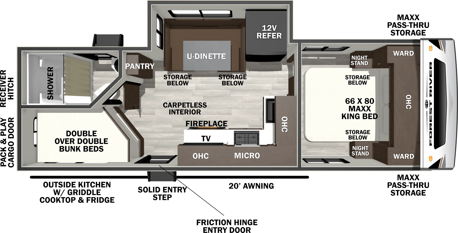 The Wildcat Travel Trailers 246BEDS floorplan has one entry and one slide out. Exterior features include: fiberglass exterior, 20' awning and outside kitchen. Interiors features include: bunk beds, u-dinette and front bedroom.